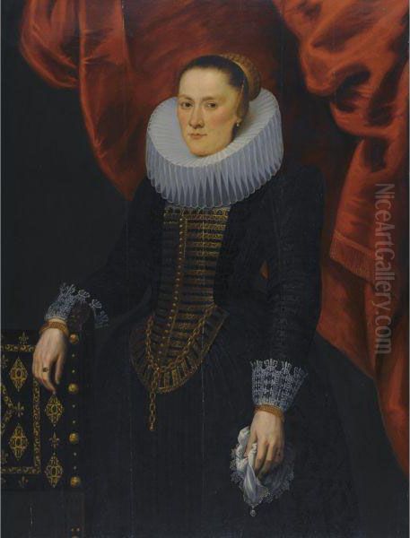 Portrait Of A Lady In Black Dress With Ornate Gold Brocade SmockingAnd A Large Ruff Oil Painting by Cornelis De Beer