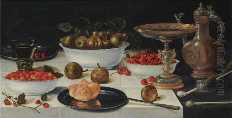 A Still Life With Strawberries, Pears And Cherries In Porcelainbowls, Together With A Bun On A Silver Plate, A Roemer, A Tazza, Ajug, Two Pipes And Burning Taper, All On A Table Draped With Awhite Cloth Oil Painting by Gillis Gillisz. de Bergh
