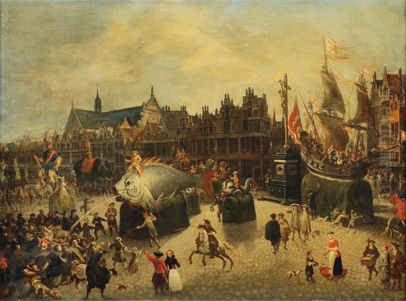 Procession De Chars Sur La Place Du Meir A Anvers Pour L'ommegang Oil Painting by Erasmus de Bie