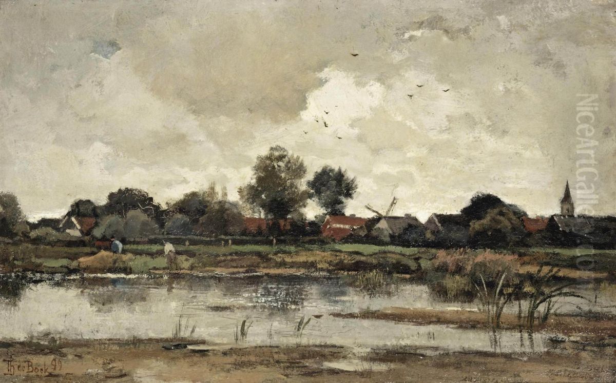 Achter Het Dorp; A River Landscape Oil Painting by Theophile Emile Achille De Bock