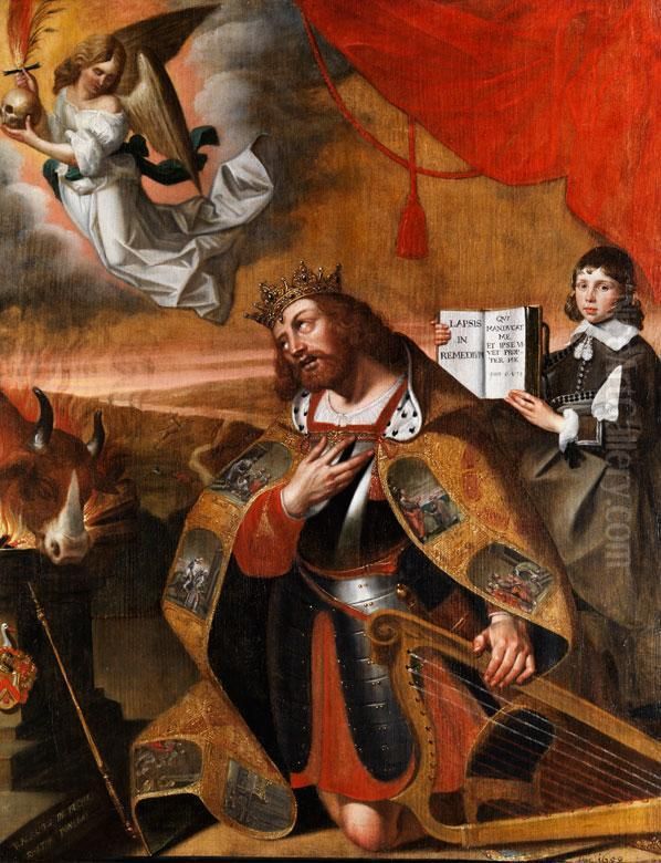 Konig David Vor Einem Opferaltarkniend Oil Painting by Jan De Bray
