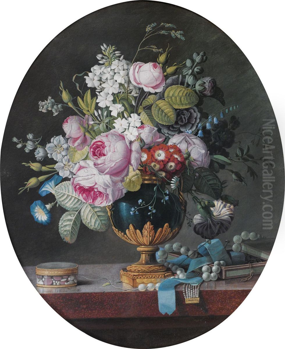 Nature Morte Au Bouquet De Fleurs Et Au Collier De Perle Sur Unentablement De Marbre Oil Painting by Marie, Comtesse De Bruhl