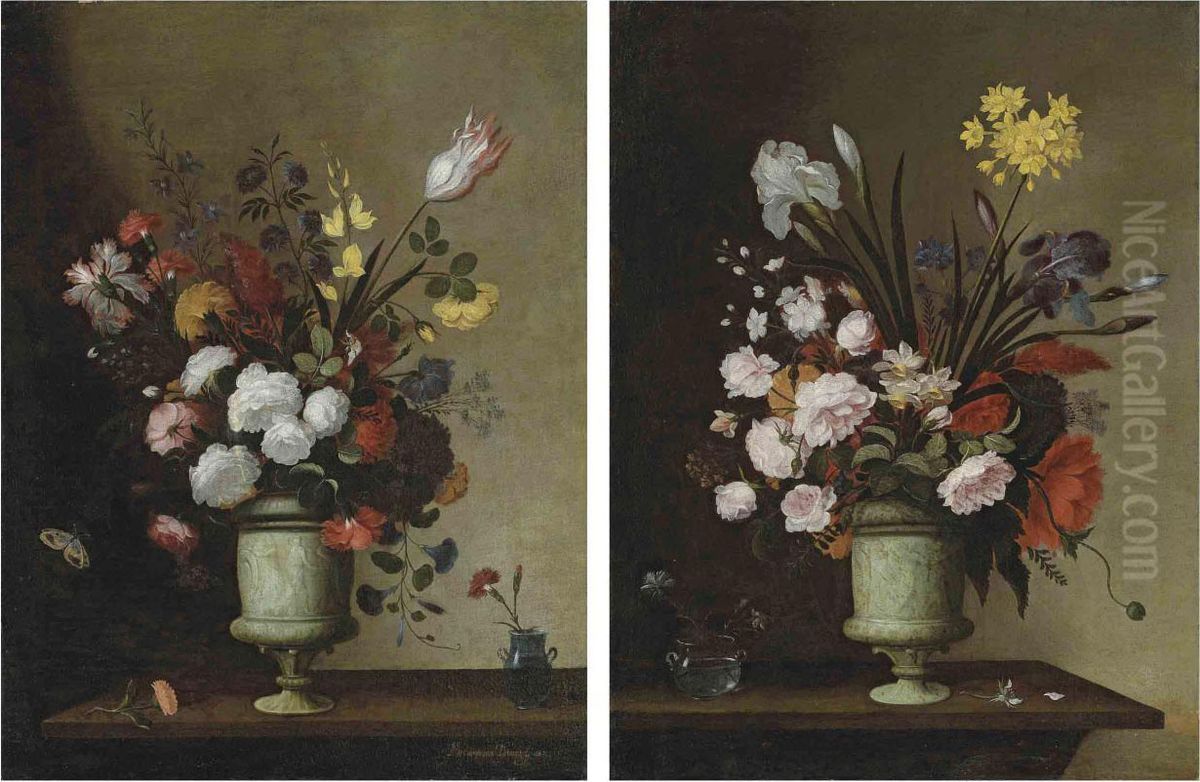 Camprobin Roses, Carnations, A Tulip And Other Flowers In A Sculptedalabaster Urn, With A Carnation In A Glass Vase, On A Wooden Table Oil Painting by Pedro de Camprobin