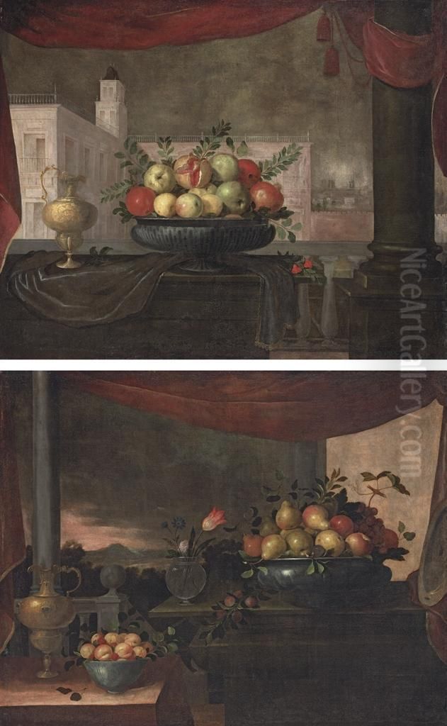 Pomegranates, Quince And Apples In A Pewter Tureen Oil Painting by Pedro de Camprobin