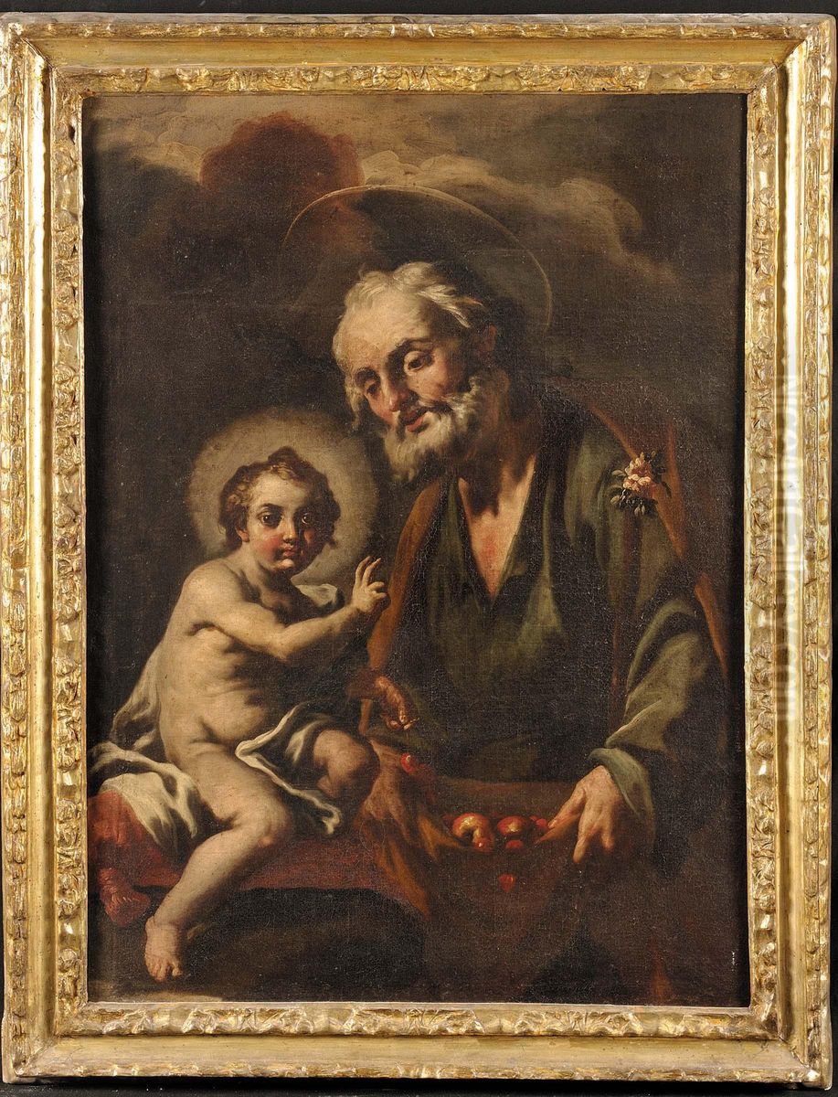 Attribuito A San Giuseppe Con Gesu' Benedicente Olio Sutela Oil Painting by Lorenzo De Caro