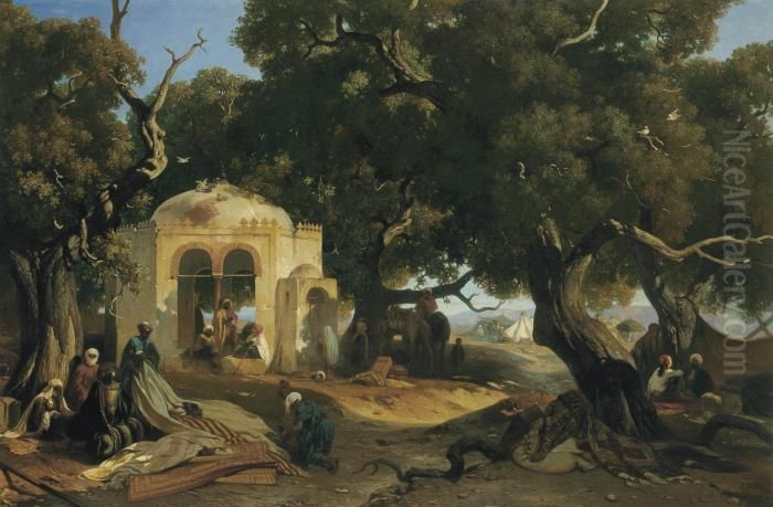 A Desert Encampment Oil Painting by Jean-Nicolas-Henri De Chacaton