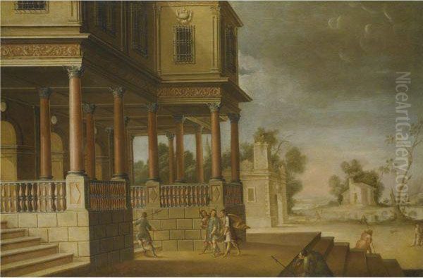 A Capriccio Landscape With Figures Returning To A Villa From TheHunt Oil Painting by Jose De Cieza