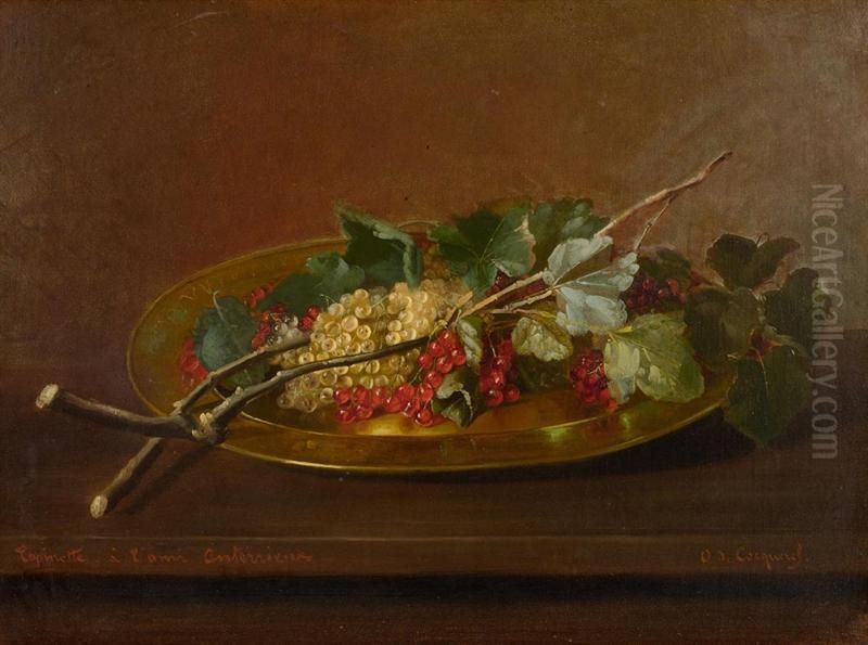Stilleben Mit Johannesbeeren Auf Einem Teller. Oil Painting by Jules J. Olivier De Cocquerel