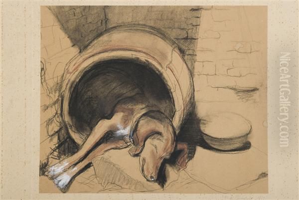 Chien De Chasse Dans Un Tonneau Oil Painting by Charles Fernand de Condamy