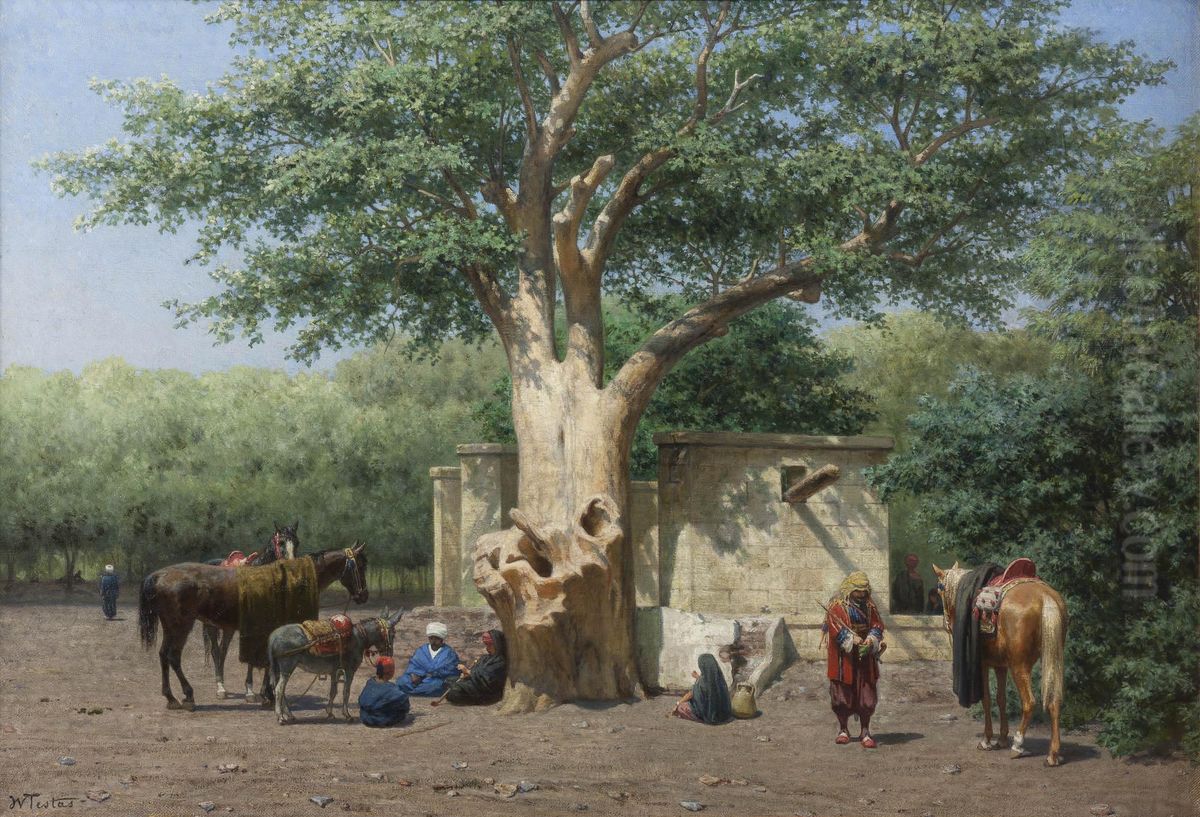 The Well And Sycamore In Ezbekieh Square, Cairo Oil Painting by Willem De Famars Testas