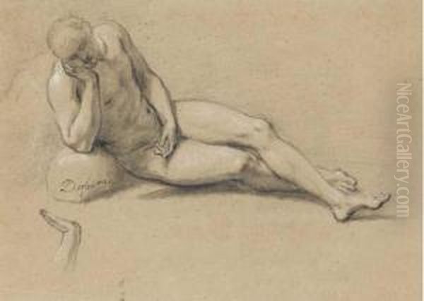 Homme Nu Allonge Et Accoude A Une Pierre Et Etude De Main Oil Painting by Henri Antoine de Favanne