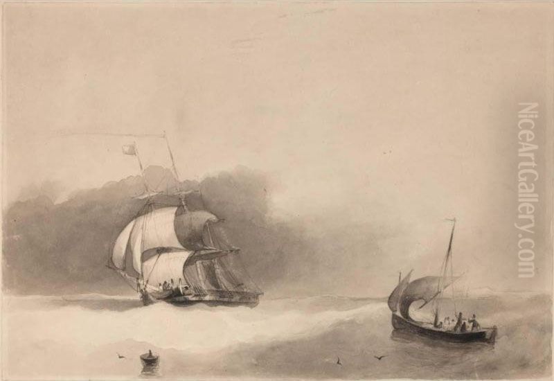 A Ship And A Small Sailing Boat On A Rough Sea Oil Painting by Charles Fred. Barth. De Florimont