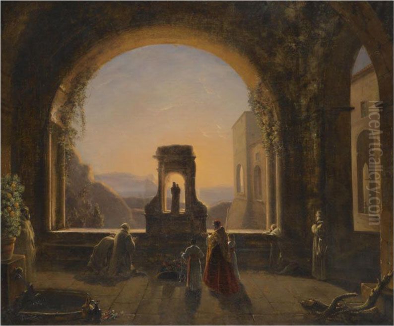 A Religious Service In A Monastery, A Mountainous Landscapebeyond Oil Painting by Auguste Forbin