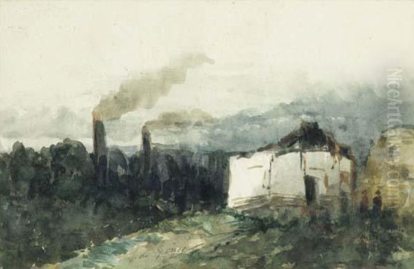 Paysage Industriel, Avec Une Chaumiere Devant Laquelle On Distingue 2 Petits Personnages. Au Loin, De Hautes Cheminees Industrielles Dont S'echappe De La Fumee. Oil Painting by Jules Alfred Huot De Goncourt