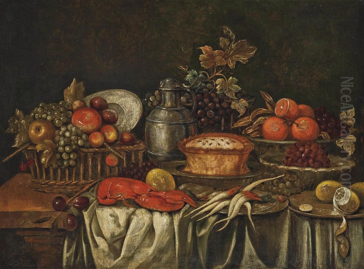 Plums And Fruit In A Basket, A Lobster, Lemons, Oranges, Grapes, A Jug And A Pie On A Partially Draped Table Oil Painting by Cornelis De Heem