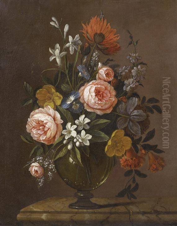 Bouquet Of Flowersin A Glass Vase Oil Painting by David Cornelisz. de Heem