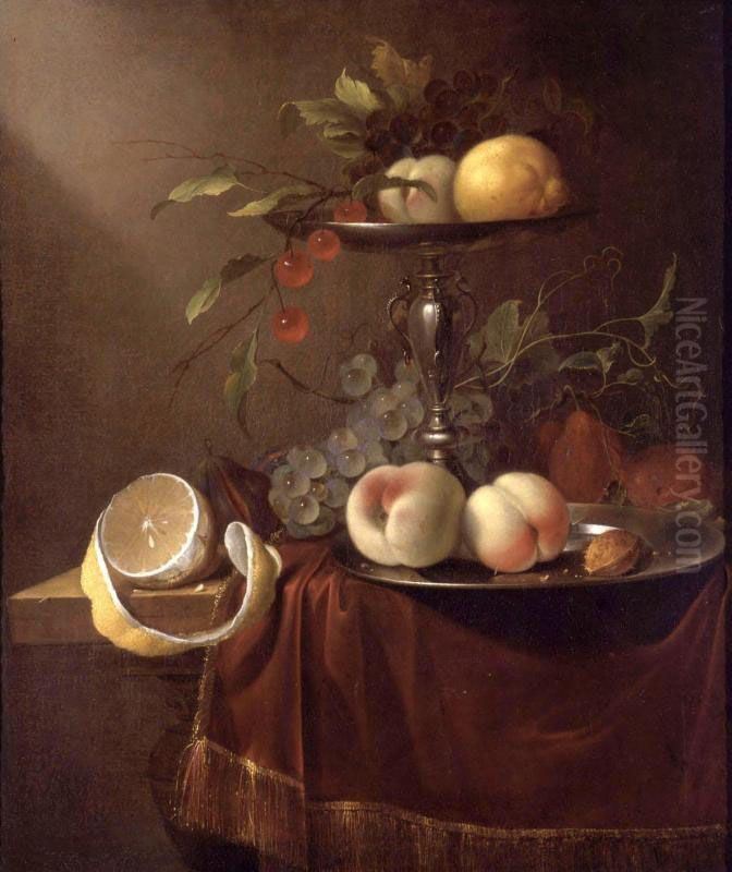 Still Life Of Peaches, Grapes And Cherries On A Silver Tazza, Together With Peaches On A Pewter Plate, A Lemon And Other Fruit All On A Draped Table Oil Painting by David Cornelisz. de Heem