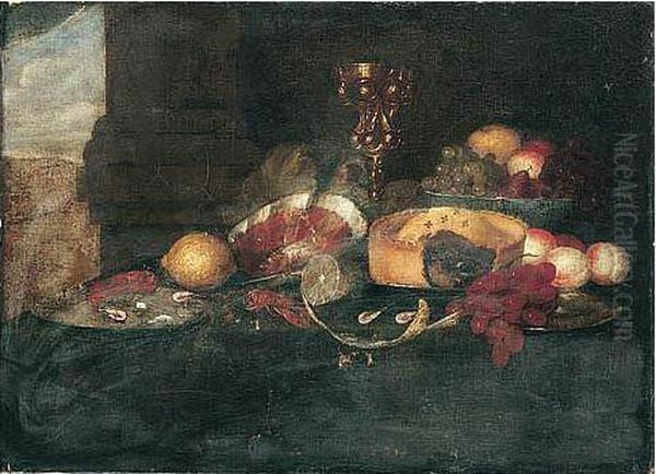 Still Life Of Fruit In A Blue-and-white Porcelain Bowl, Grapes, Peaches, A Pie, Peeled And Whole Lemons On Pewter Plates, Shrimp, A Ham, And An Ormolu Tazza Behind, All Set Upon A Table Oil Painting by David Cornelisz. de Heem