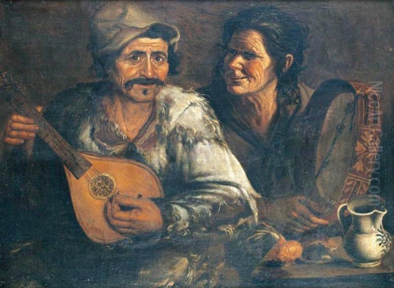 A Man And Woman Playing A Mandolin And Tambourine At A Table Oil Painting by Jan De Herdt
