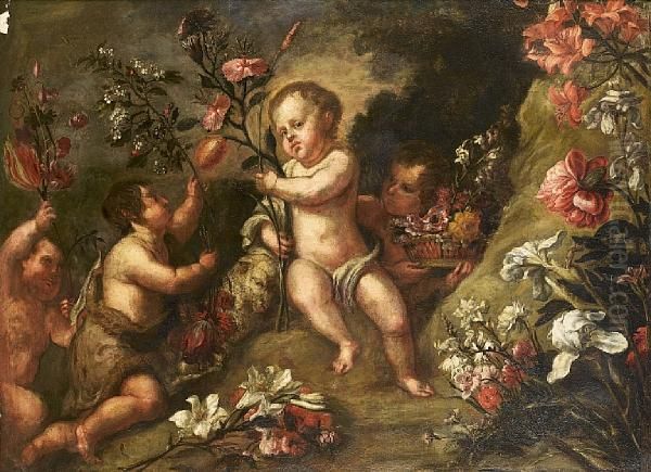The Infant Saint John The Baptist Offeringflowers To The Infant Christ Attended By Two Putti Oil Painting by Francisco de, the Younger Herrera