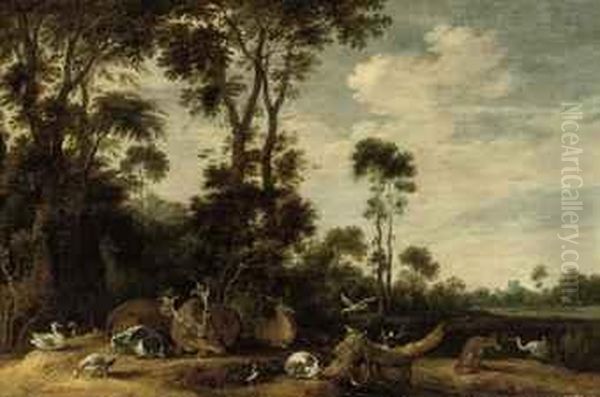 Deer, A Goat, A Fox, A Cat, Ducks And Other Birds In A Woodedlandscape Oil Painting by Gillis Claesz De Hondecoeter