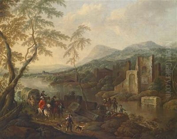 A River Landscape With Ruins And Travellers Oil Painting by Horatius Hooch