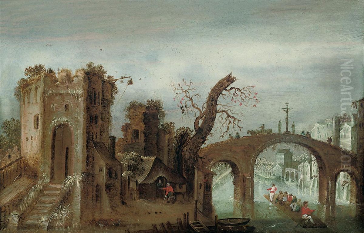 A Capriccio River Landscape With Figures On A Raft Passing Beneath A Bridge Oil Painting by Ludolf de Jongh