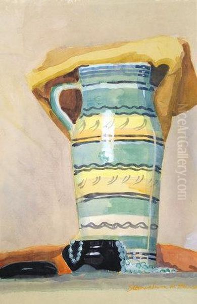 Still Life Of A Striped Jug Oil Painting by Stanislawa De Karlowska