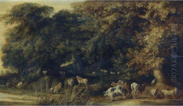 A Wooded Landscape With Animals Drinking At A Stream Oil Painting by Kerstiaen De Keuninck The Elder