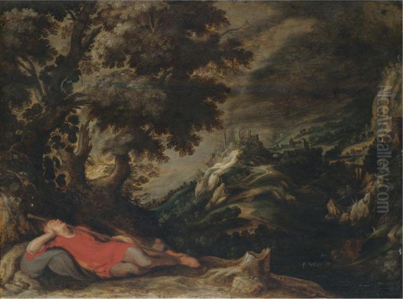 A Hillly Landscape With A Figure Resting In The Foreground, Possibly Jacob's Dream Oil Painting by Kerstiaen De Keuninck The Elder
