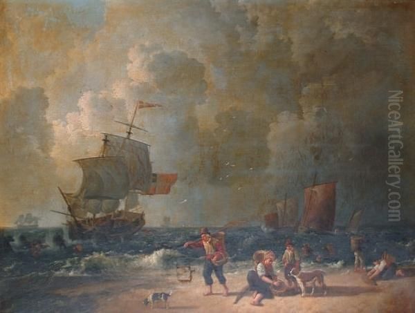 Figures Cockling On A Beach With Boats In A Storm Beyond Oil Painting by Leendert de Koningh