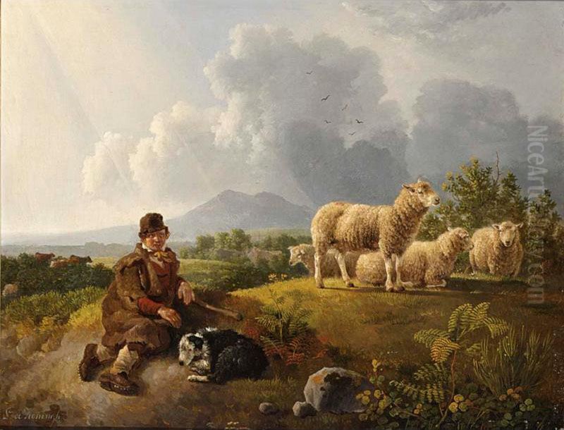 A Young Shepherd With His Flock Oil Painting by Leendert de Koningh