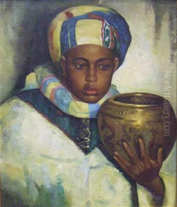 Garcon Tenant Un Vase Oil Painting by Manuel de la Cruz y Cano