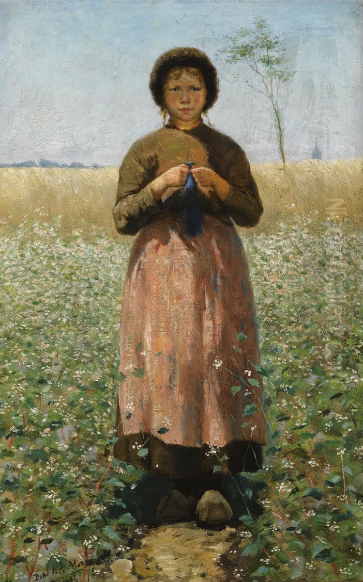 A Peasant Girl In A Field Of Flowers Oil Painting by David De La Mar