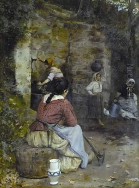 Femme A La Fontaine Oil Painting by Rafael De La Torre Estefania