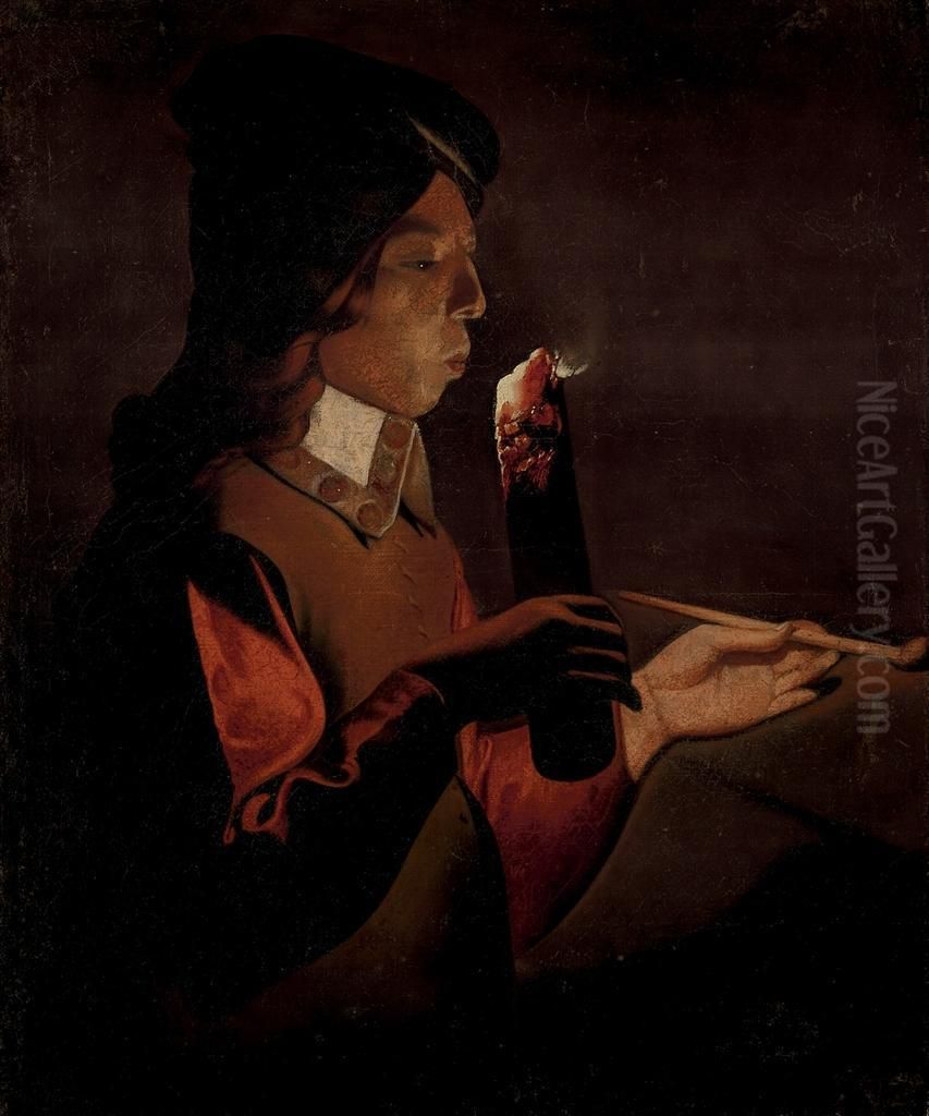 A Young Boy With A Pipe, Blowing On A Firebrand Oil Painting by Georges de La Tour