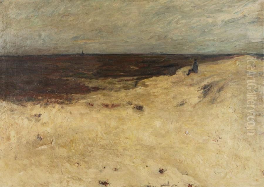 Man In The Dunes Near The Meadow With Village In The Distance Oil Painting by Alois De Laet