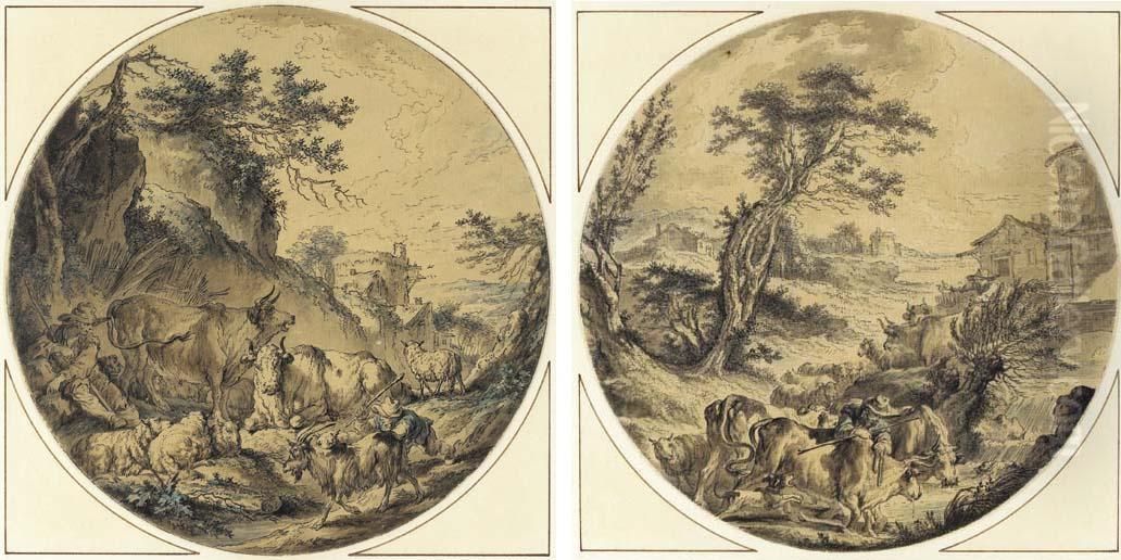 Shepherds Tending To Cattle In A Landscape; And A Shepherd Leading Bulls To Water Oil Painting by Loutherbourg, Philippe de