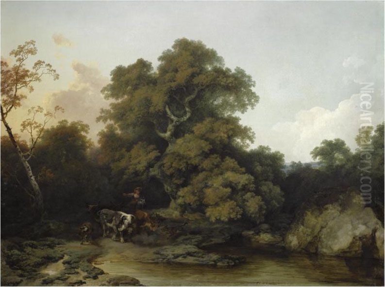 A Young Maid Watering The Cattle In A Wooded, River Landscape Oil Painting by Loutherbourg, Philippe de