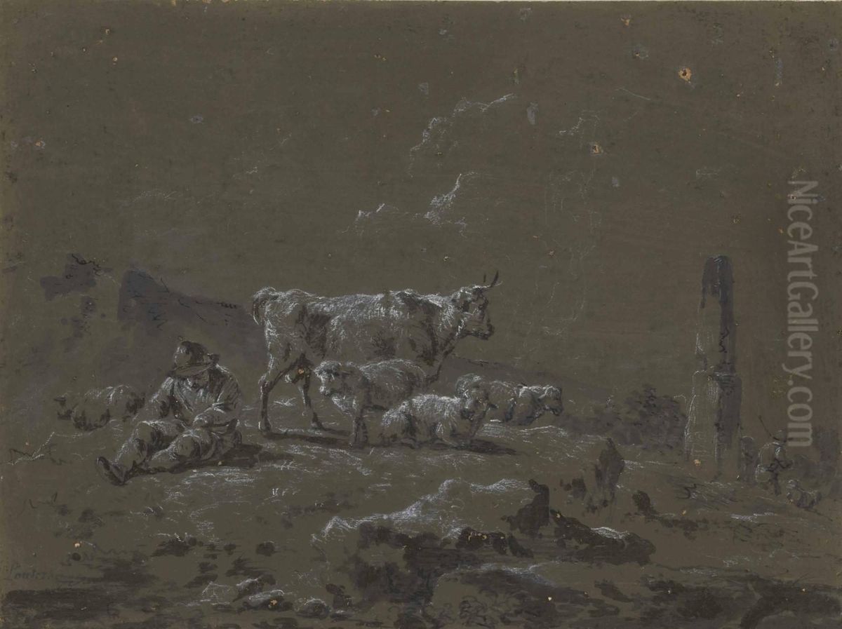 Berger Adosse A Une Ruine Avec Son Troupeau; Et Bergers Et Troupeau Oil Painting by Loutherbourg, Philippe de