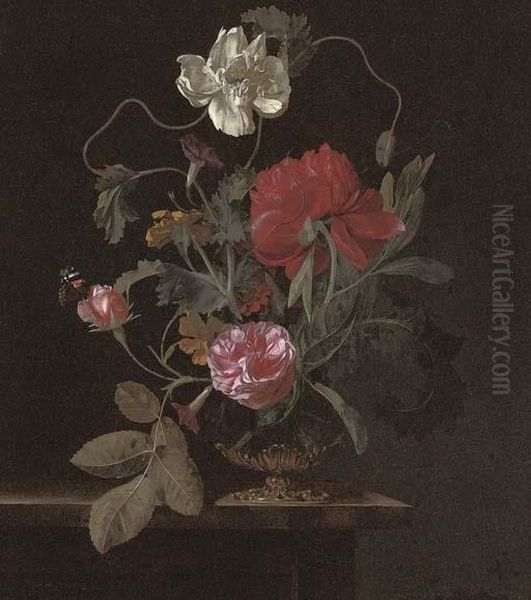 Roses, Poppies And Convolvulus In An Urn On A Stone Ledge, With A Red Admiral Butterfly Oil Painting by Abraham De Lust