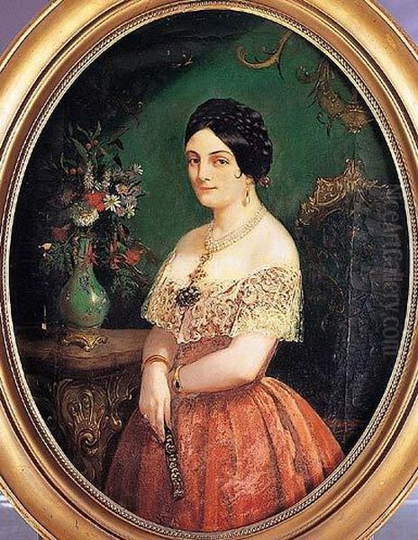 Retrato De Dama, De Tres Cuartos, Junto A Una Consola Con Un Jarron De Flores Oil Painting by Federico De Madrazo De Ochoa