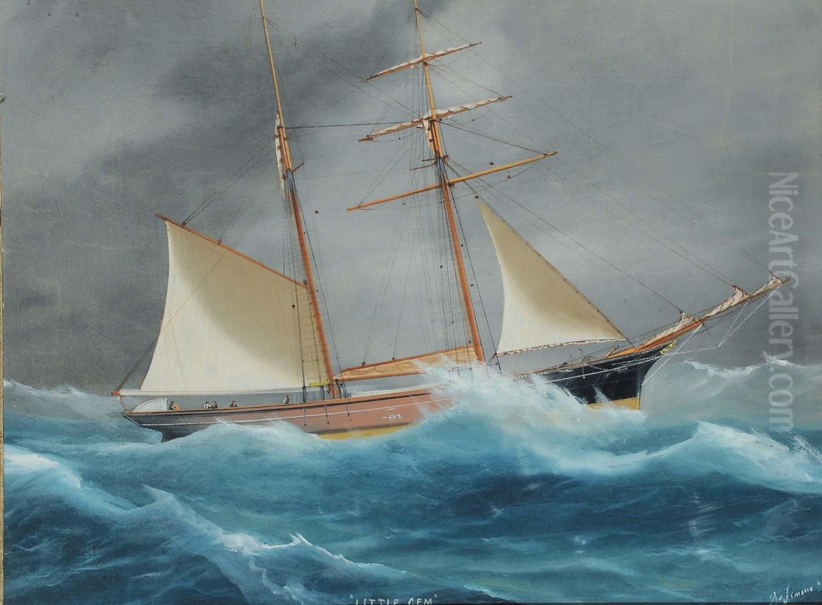 Ritrattodel Brigantino Little Gem In Navigazione In Mare Aperto Oil Painting by Antonio Higino De Magalhaes Mendonca