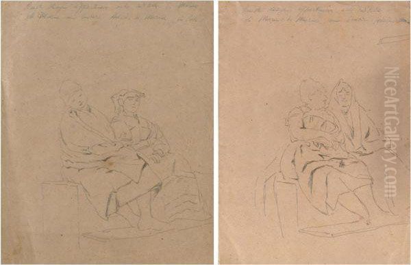 Due Schizzi Raffiguranti Due Coppie Di Popolane Sedute Oil Painting by Mario De Maria