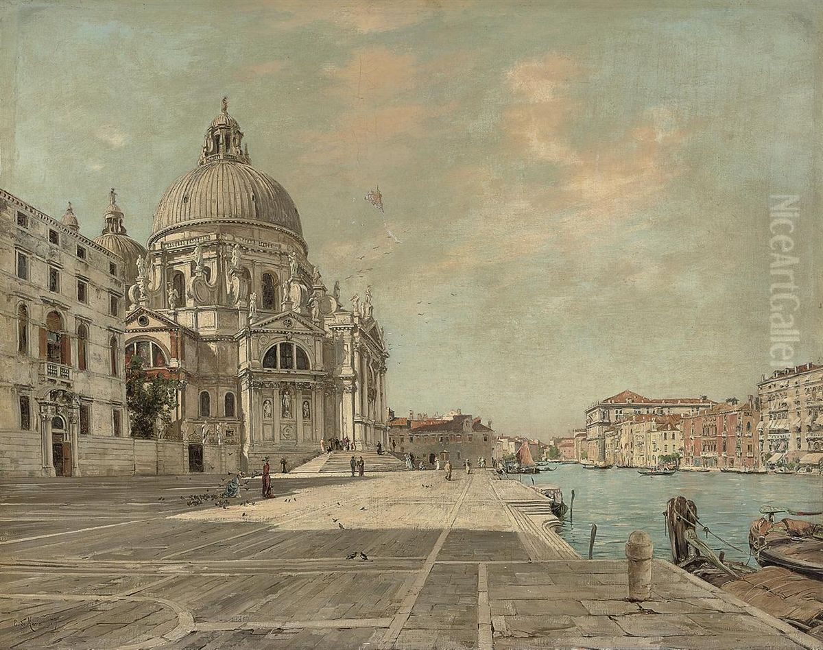 Feeding Pigeons Before Santa Maria Della Salute Oil Painting by Ettore De Maria-Bergler
