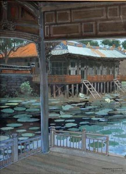 Maisons Sur Pilotis En Indochine Oil Painting by Francois Marie De Marliave