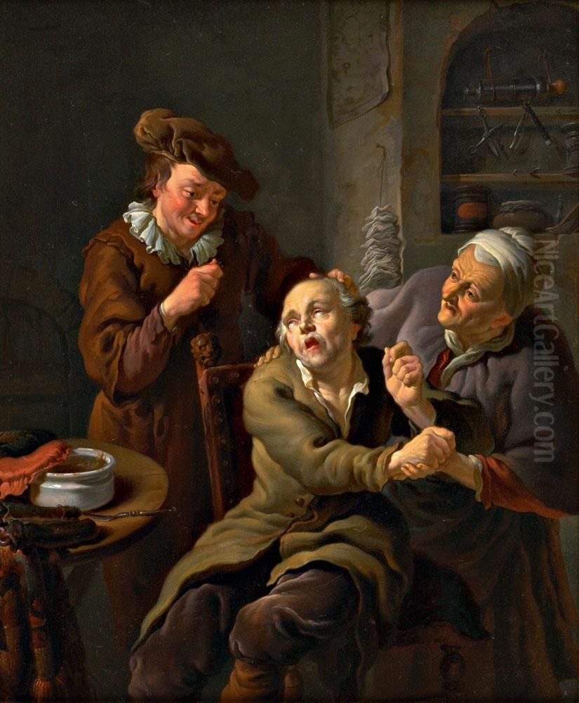 Cena De Interior Com Figura Preparando-se Para Arrancar Um Dente A Outra Figura Oil Painting by Louis de Moni