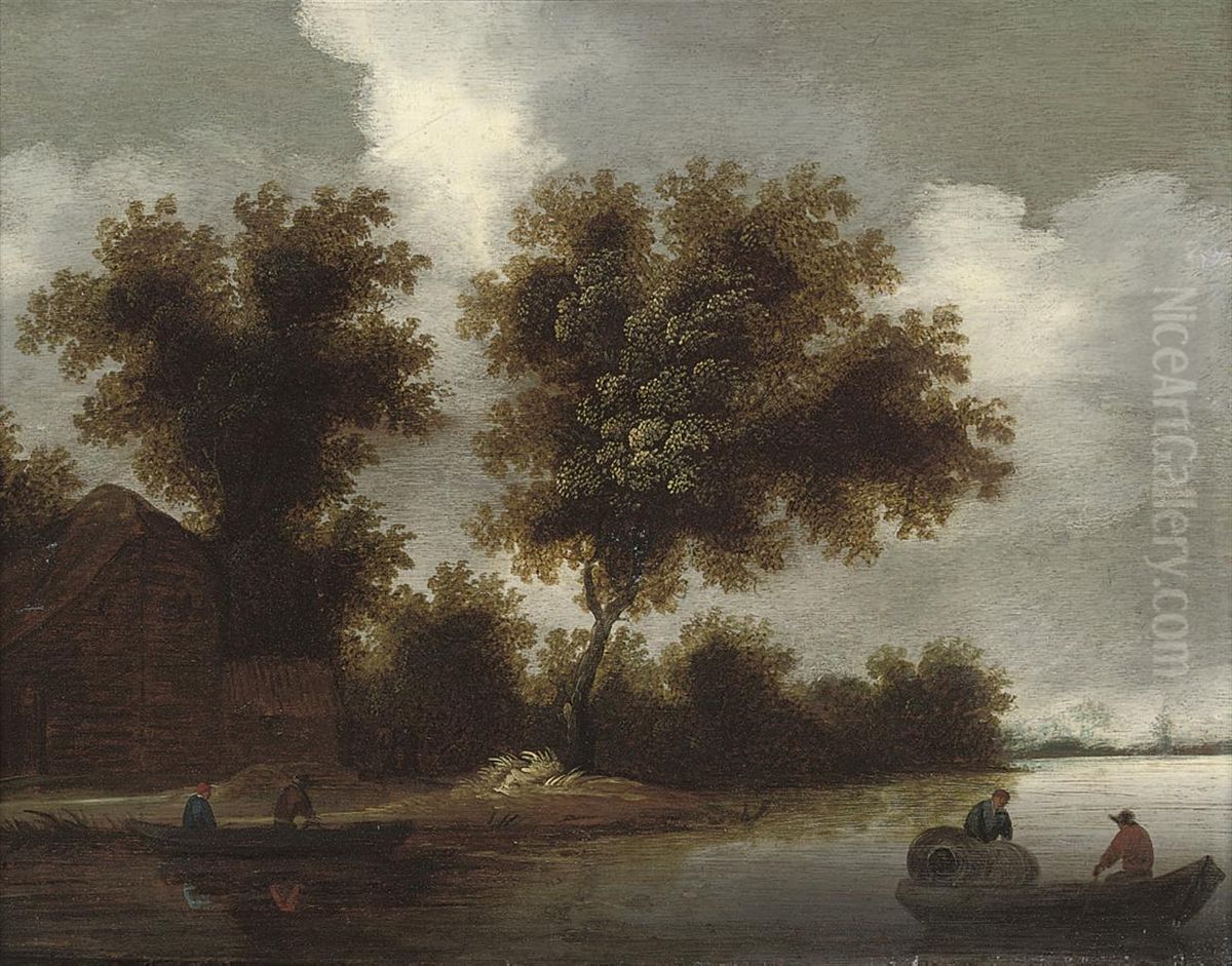 A Wooded River Landscape With Rowing Boats And Peasants By A Farmhouse Oil Painting by Pieter de Neyn