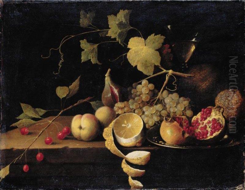 Still Life Of Cherries, Peaches, A Half-peeled Lemon, Grapes On A Vine, A Fig, And An Open Pomegranate On A Silver Platter, In Front Of A Tall Wine-glass Oil Painting by Thomas De Paep