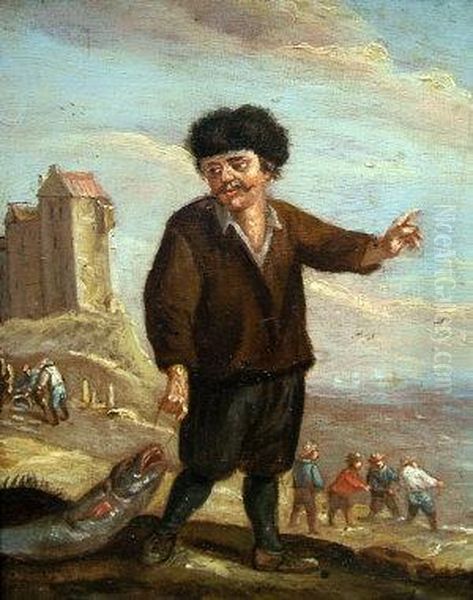 Fisherman With His Catch AndFishermen Hauling In The Nests Beyond Oil Painting by Pieter de Putter